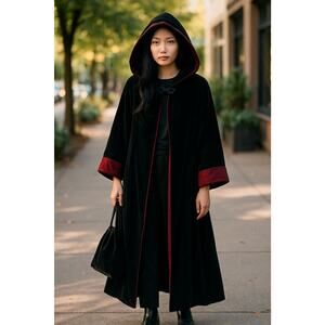Vtg Plus Size Set 1X Reversible Velvet Coat Hooded Black Red Matching Purse